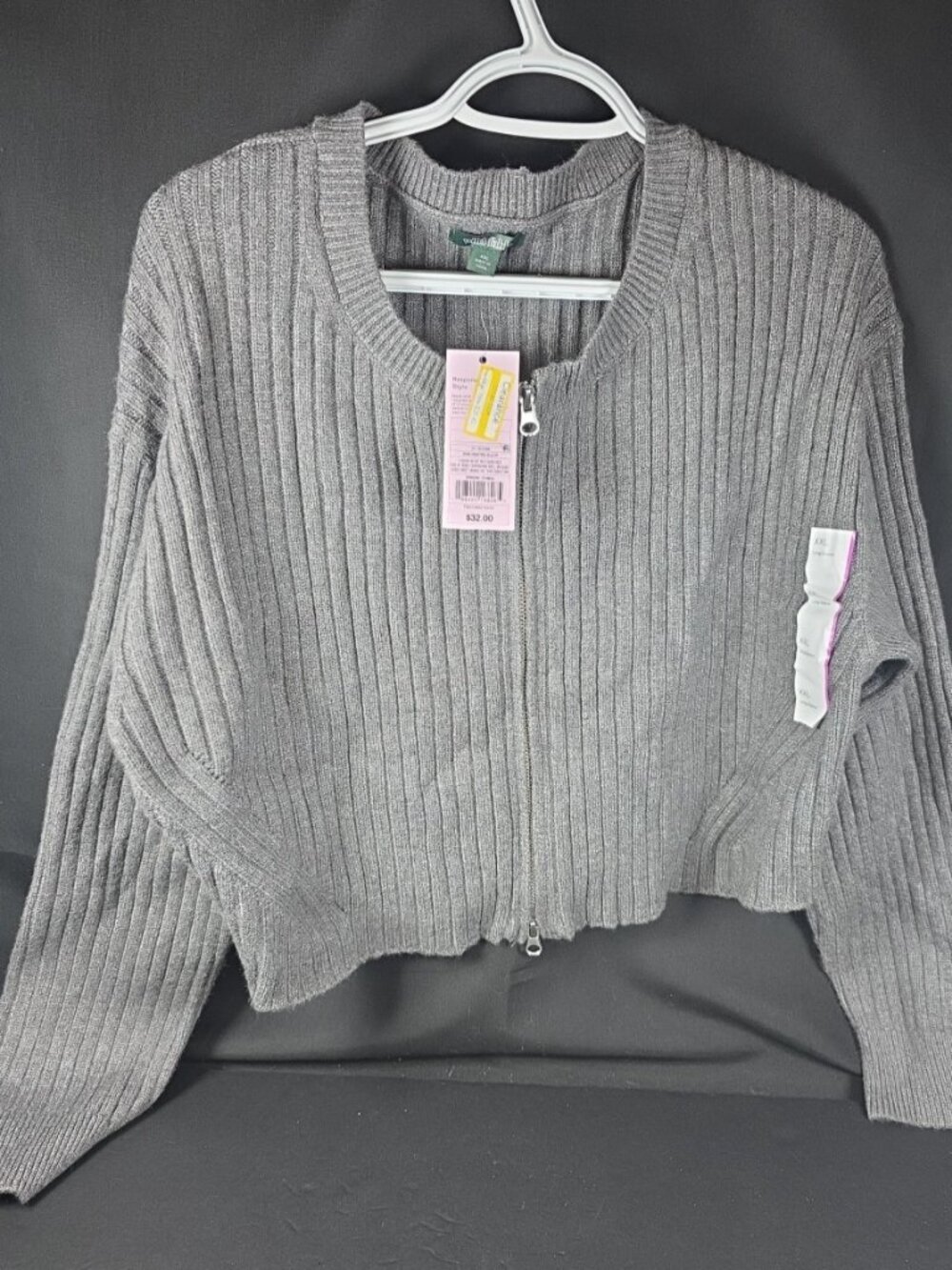 Gray Sweater Woman's Crop Style Wild Fable Ribbed Knit Full Zip XXL